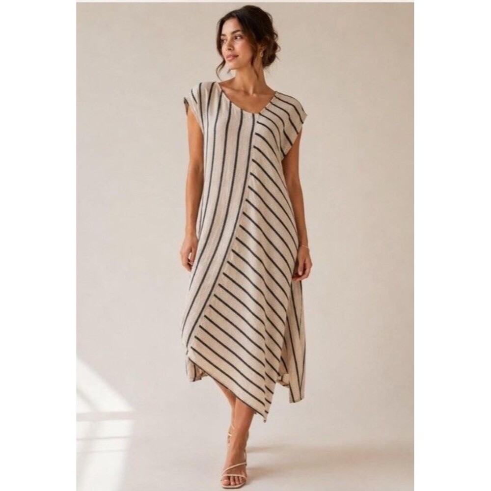 Tahari Linen Blend Asymmetric Stripe Midi Dress Tan Black Small M Sleeveless